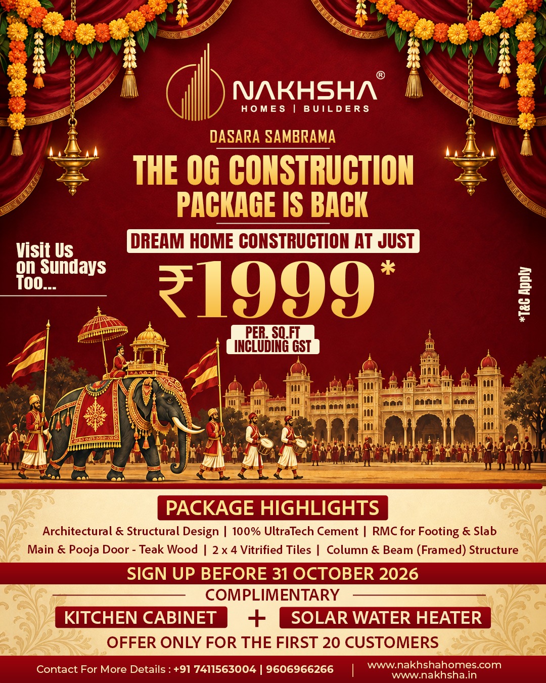 Nakhsha Dasara Sambrama OG Construction Package at ₹1999 per sq.ft including GST, valid for sign up before 31 October 2026
